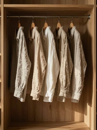 Straight-on architectural shot of a minimalist wardrobe, linen garments hanging in perfect rhythm under soft, warm afternoon light, natural wood textures, deep shadows.
