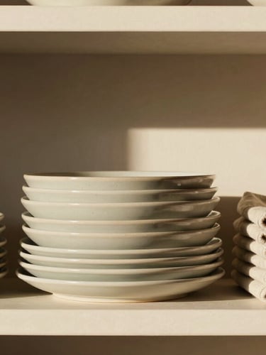 A vertical straight-on shot of a minimalist shelf with beautifully stacked ceramic plates and linen napkins in warm, organic tones, lit by soft afternoon sun.