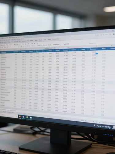 Macro shot of complex financial spreadsheets on a modern monitor screen in a dimly lit corporate office, cool overcast daylight filtering through windows, wide angle