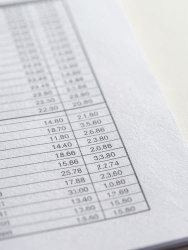 Macro shot of a detailed financial balance sheet on textured paper under soft office daylight, focus on precise columns of numbers, clean corporate aesthetic, no people.