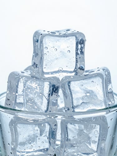 Macro shot of perfectly clear ice cubes stacked in a clean glass, bright high-key studio light, cool blue backlighting, condensation droplets, 50mm
