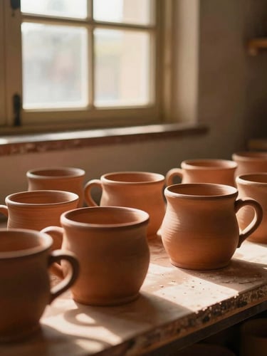Warm editorial photography of Joana's pottery workshop in Ipatinga, golden-hour window light casting soft shadows on terracotta mugs, 35mm