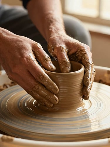 Close-up of hands covered in wet terracotta clay shaping a mug on a pottery wheel, warm golden lighting, shallow depth of field, 35mm