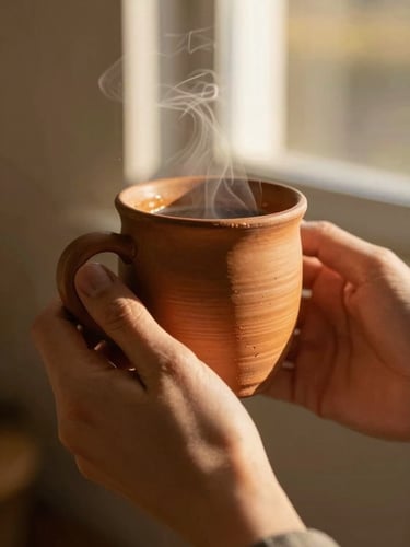 Close-up of hands holding a steaming terracotta mug, warm golden-hour sunlight streaming through a window, shallow depth of field, 35mm