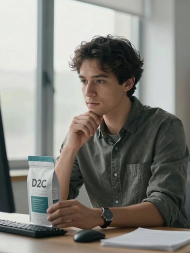 Medium environmental portrait of a founder at a desk, looking thoughtfully at a D2C product packaging, natural window light, cool desaturated tones, shallow depth of field.