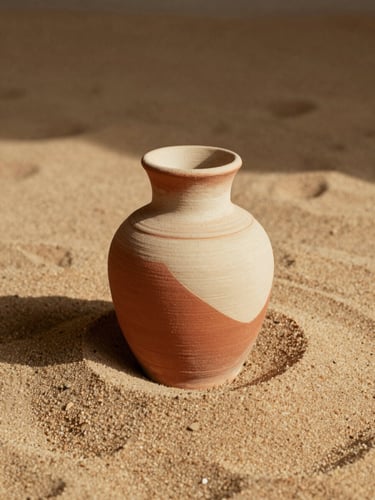 Game cover art: warm terracotta and cream, a ceramic vessel half-submerged in sand, golden overhead light casting hard shadows, printed texture grain, documentary still life