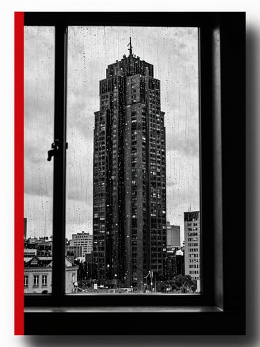 Game cover art: stark black and white with a single red vertical line, a silhouette of a high-rise window viewed from inside at night, rain streaks on glass, high-contrast graphic print