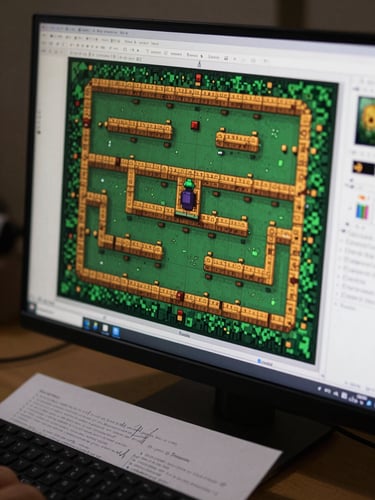 Close-up of a monitor screen mid-work showing a pixel-art dungeon map, dark green and amber hues, hand-drawn annotations around the edges on a printed sheet beside the keyboard