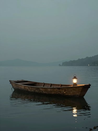 In-game screenshot at a key story moment: a small wooden boat on a vast grey lake at dusk, single lantern light reflecting on still water, muted teal and slate palette, wide cinematic framing