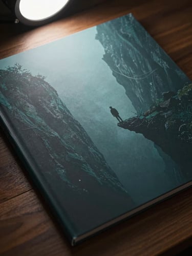 Close-up of a game cover art: deep teal and charcoal tones, a lone figure standing at the edge of a foggy ravine, printed ink texture visible on the surface, overhead studio light, flat lay on dark wood desk