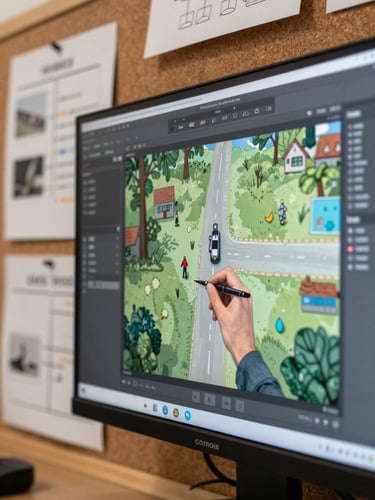 Close-up side view of a monitor screen showing a game level editor with hand-drawn concept art pinned beside it on a corkboard, overhead studio daylight, no person in frame, printed narrative flowchart visible at edge