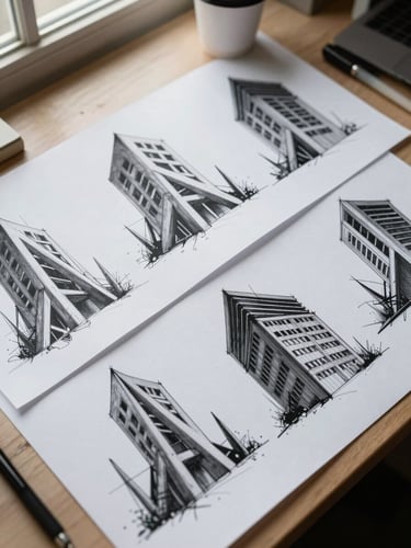 Printed concept art sheets spread across a studio desk, ink sketches of angular brutalist architecture, overhead daylight from a window casting soft shadows, a coffee cup at the edge of frame