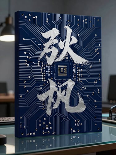 Game cover art: deep indigo and silver-grey, a close-up of a circuit board overlaid with calligraphy brush strokes, monitor glow reflected on a glass desk surface, side-lit studio setup