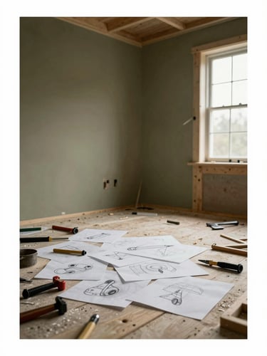 Game cover art: muted olive and pale linen tones, a wooden room interior mid-construction, scattered tools and pencil sketches on paper, overhead soft daylight, documentary flat lay