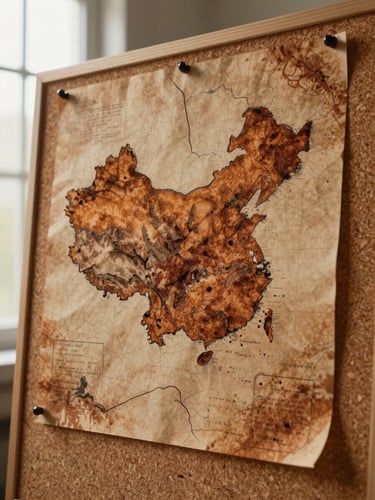 Game cover art: burnt amber and rust palette, a hand-drawn map pinned to a corkboard, graphite lines and ink wash, side-lit daylight from a studio window, printed concept art texture