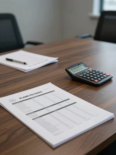 Plano fechado de uma mesa de reunião corporativa sóbria, com relatórios financeiros impressos e uma calculadora clássica sob iluminação interna fria.