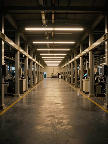 Symmetric wide-angle shot of a clean modern manufacturing floor, low-key dramatic lighting, deep charcoal and metallic gold highlights, 35mm