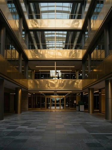 Symmetric architectural wide shot of a modern corporate atrium, low-key dramatic lighting with metallic gold highlights, deep shadows, 35mm