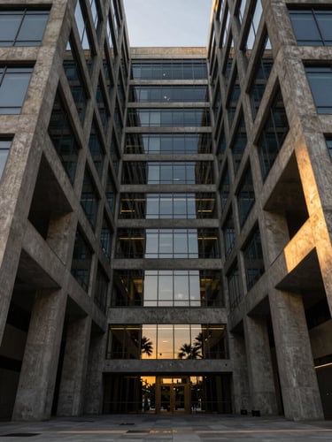 Symmetric wide-angle architectural shot of a modern concrete and glass corporate headquarters, sharp geometric lines, low-key dramatic golden hour lighting, 35mm
