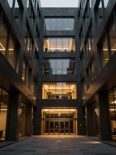 Symmetric architectural interior of a modern corporate headquarters, low-key dramatic lighting with gold highlights, deep charcoal tones, 35mm