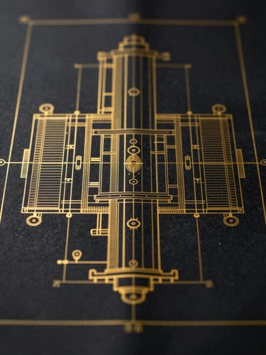 Extreme close-up of industrial blueprint with gold ink lines on dark parchment, symmetric technical layout, 35mm