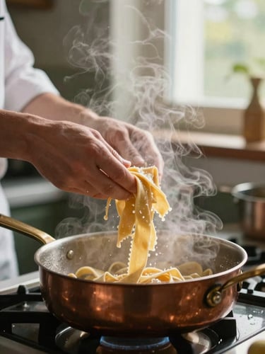 Close-up of steam rising from a copper pan in an unfiltered kitchen, chef's hands tossing fresh pasta, warm window light, 35mm