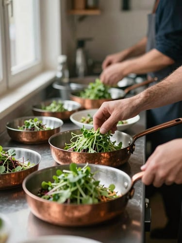 Warm editorial photograph of a busy kitchen prep line on the left, soft natural window light reflecting on copper pans, hands plating fresh microgreens, shallow depth of field, 35mm.