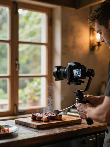 Behind-the-scenes camera setup in a rustic restaurant kitchen, a professional mirrorless camera on a gimbal capturing a chef searing meat, warm ambient window light, 35mm.