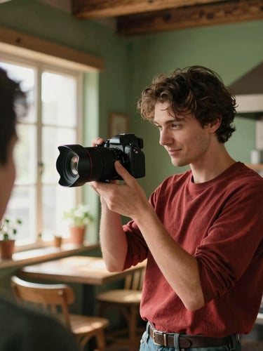 Over-the-shoulder shot of a content creator adjusting a camera lens in a sunlit, rustic restaurant kitchen, warm editorial photography, 35mm.
