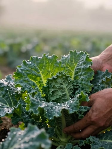 A close-up of hands harvesting organic green kale in a damp, misty field at sunrise, soft natural overcast daylight, rich forest green and crimson tones, shallow depth of field, 35mm.