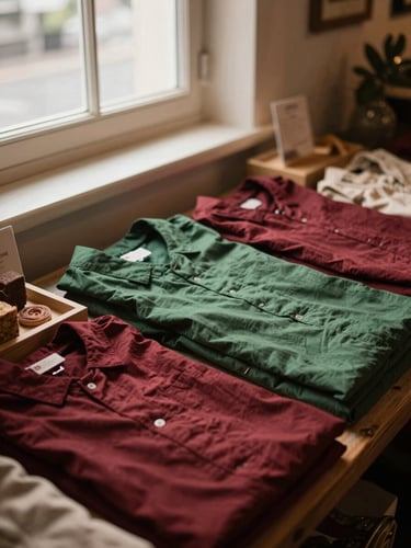 Overhead shot of a bustling indoor artisanal food market, warm window light, rich crimson and forest green tones, shallow depth of field