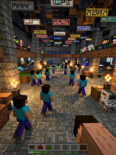 Wide first-person POV Minecraft screenshot, a densely populated server lobby visible — player name tags clustered overhead, health bars active, full in-game HUD displayed, warm torchlight casting hard shadows across stone and wood blocks, dozens of player skins visible mid-movement