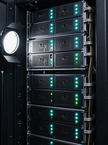 Close-up overhead framing of a dense server rack interior, multiple 1U servers stacked tight, hard studio key-light raking from the left casting deep shadows between units, status LEDs glowing cyan and green against near-black metal chassis, cables bundled with precision along the right rail, no text visible