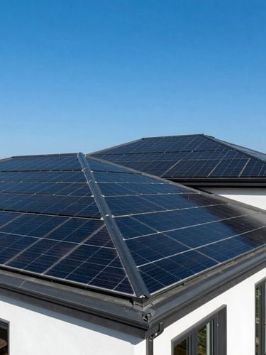 Wide architectural shot of a modern luxury residence with seamlessly integrated black solar tiles on the roof, bright direct sunlight, deep blue sky, sharp focus