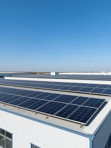 Wide architectural shot of a modern industrial facility roof covered in high-density solar panels, bright direct sunlight, deep blue sky, high-contrast clean lines, 35mm lens