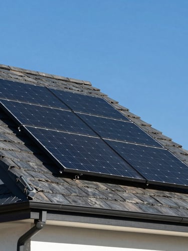 Architectural close-up of premium all-black solar panels installed flush with a dark slate roof of a modern house, sharp clean lines, direct bright sunlight, deep blue sky background