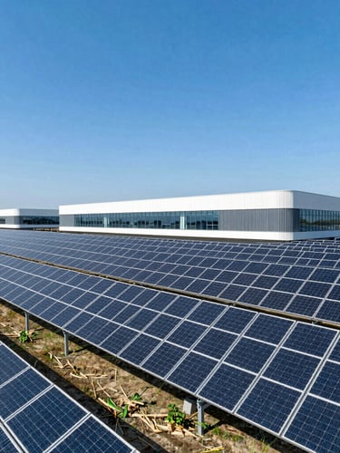 Aerial high-contrast architectural photography of a large solar array integrated into a modern productive farm landscape, deep blue sky, bright direct sunlight, 35mm lens.
