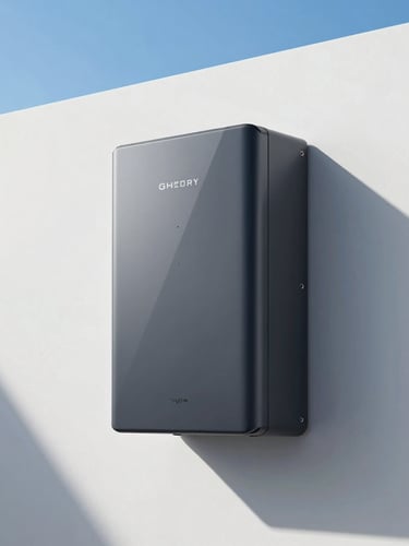 Sleek wall-mounted modern battery storage unit in a clean, minimalist utility room, high-tech engineering aesthetic, crisp lighting