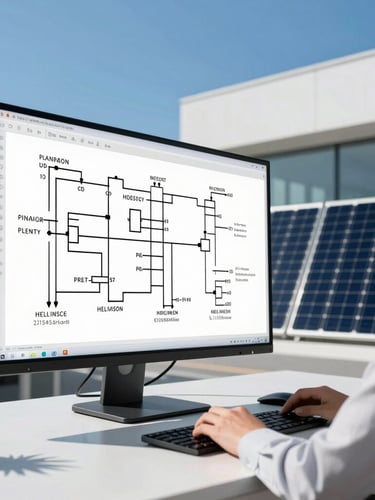 Sleek modern engineering office, an engineer analyzing complex electrical schematics and solar array layout on a large monitor, bright direct daylight, high-contrast clean lines, sharp focus.