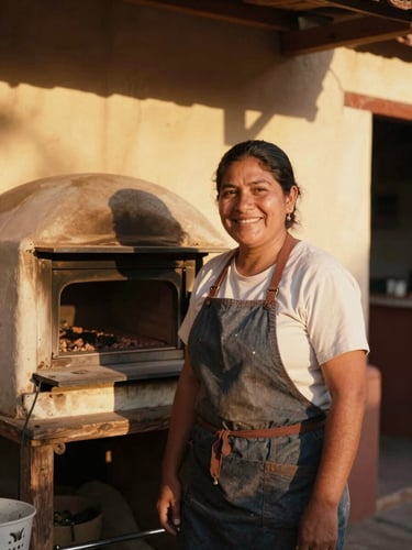 A warm, daylight photo of a small Mexican bakery owner smiling proudly next to her ovens, 35mm lens, golden-hour sunlight