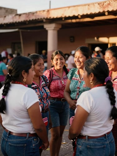 Warm golden-hour daylight illuminating a group of five Mexican market women laughing together in a vibrant Guanajuato market, authentic 35mm photography, rich earth tones