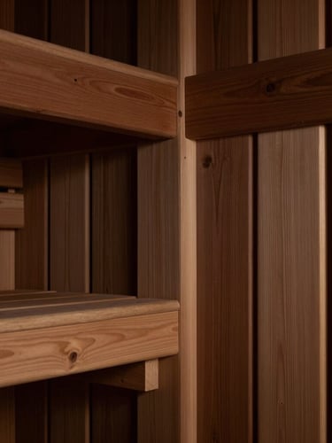 Macro architectural photograph of tight cedar wood joinery, showing the rich grain and precise craftsmanship under dramatic natural side-lighting