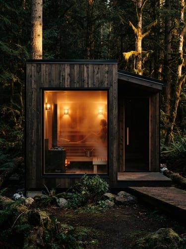 Low-key dramatic architectural shot of a modern outdoor sauna integrated into a Pacific Northwest forest at golden hour, warm internal glow visible through glass, 35mm lens.