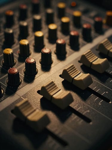 Tight macro shot of an SSL mixing console, dials and faders prominent, low-key gold accent lighting, deep matte black shadows, warm amber glow, shallow depth of field, 35mm film grain.