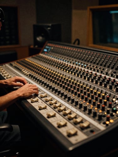 Wide atmospheric shot of Norra Ibless working at a large mixing console in a high-end recording studio, warm amber glow from tube gear, deep matte black shadows, focused expression, shallow depth of field, 35mm film grain, console fills the right half of the frame.
