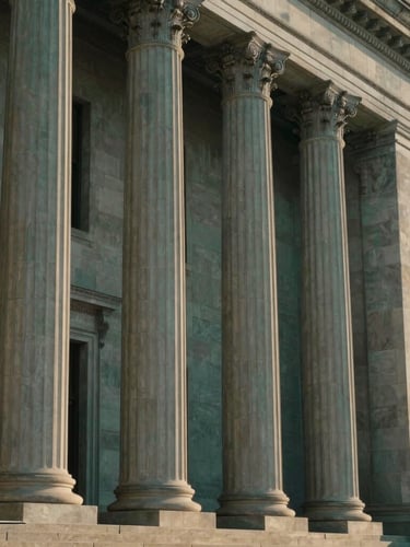 An editorial portrait-oriented shot of a grand institutional courthouse facade, tall stone columns bathed in soft morning sunlight, conveying justice and stability
