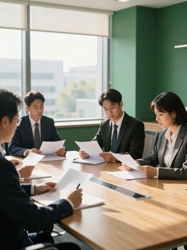 A bright, modern meeting room with legal professionals reviewing documents, soft natural sunlight coming through large windows, deep green accents, 35mm