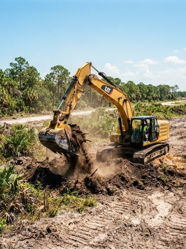 Wide environmental shot of a yellow excavator breaking ground on a raw Florida site, bright harsh daylight, high contrast, vibrant earth tones, wide angle lens.