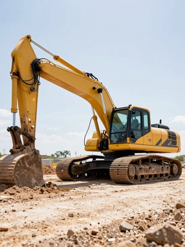 Low angle shot of a company-owned excavator moving earth on a Florida job site, bright harsh daylight, high contrast.