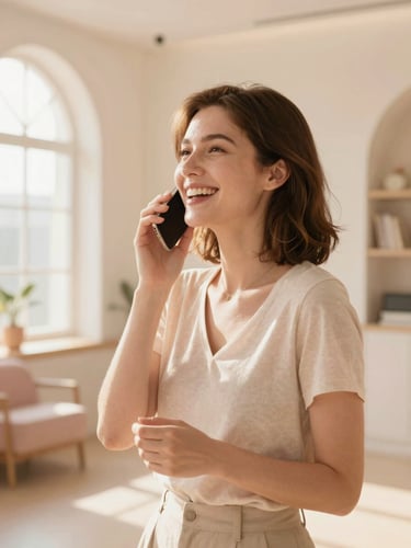 A joyful woman speaking in a modern, sun-drenched sanctuary, warm golden-hour daylight, soft pastel tones, high-key lighting, hopeful atmosphere, 35mm lens